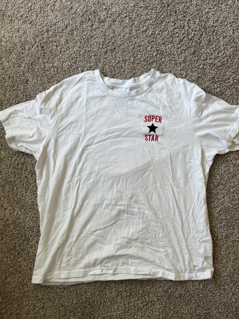 T.J.Maxx White Short Sleeve Tee with Red "Super Star" and Black Star